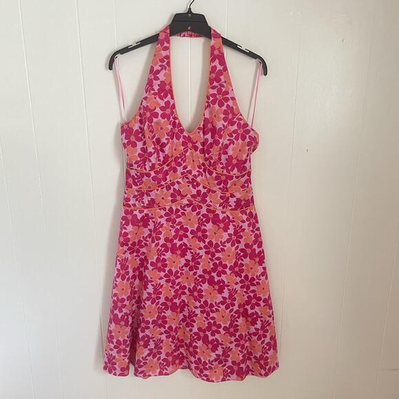 Y2K Pink Floral Halter Dress Size 14 Fit & Flare Babydoll Retro Summer - Picture 4 of 12